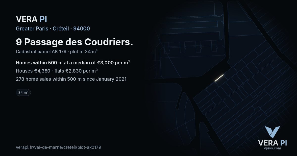 9 Passage des Coudriers, Créteil at night – the plot lit, the parcels around coloured by the prices near them