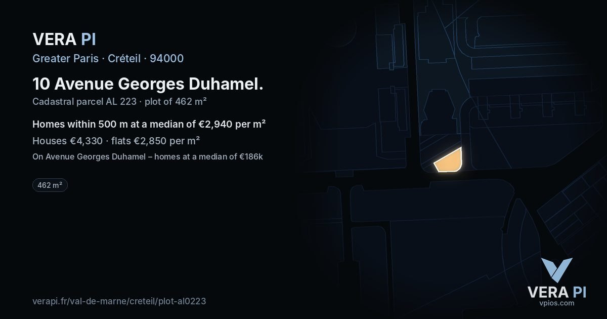 10 Avenue Georges Duhamel, Créteil at night – the plot lit, the parcels around coloured by the prices near them