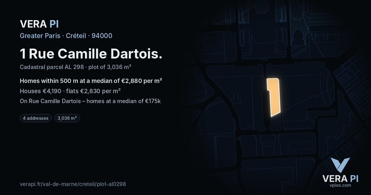 1 Rue Camille Dartois, Créteil at night – the plot lit, the parcels around coloured by the prices near them