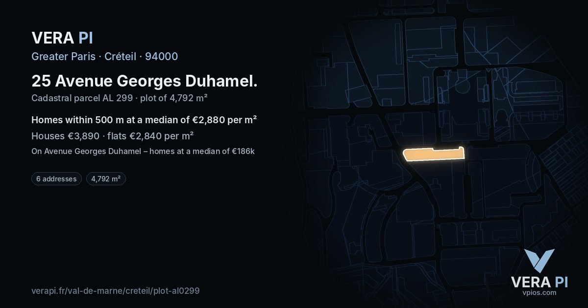 25 Avenue Georges Duhamel, Créteil at night – the plot lit, the parcels around coloured by the prices near them