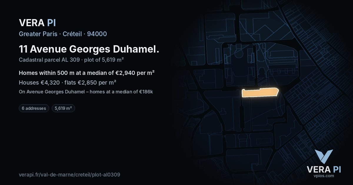 11 Avenue Georges Duhamel, Créteil at night – the plot lit, the parcels around coloured by the prices near them