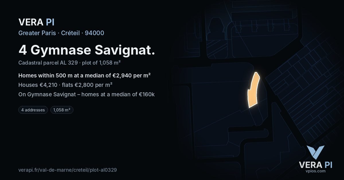 4 Gymnase Savignat, Créteil at night – the plot lit, the parcels around coloured by the prices near them