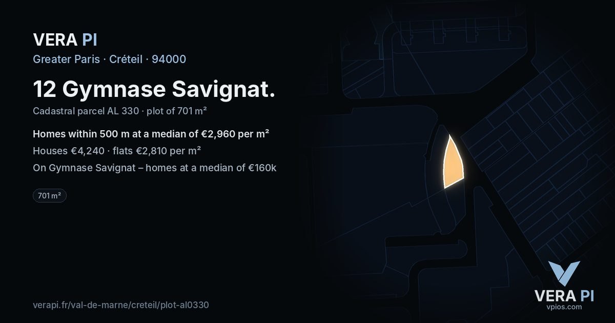 12 Gymnase Savignat, Créteil at night – the plot lit, the parcels around coloured by the prices near them