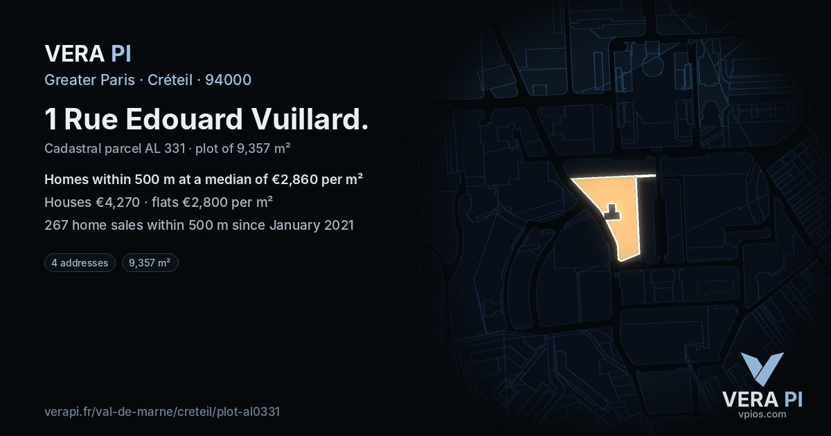 1 Rue Edouard Vuillard, Créteil at night – the plot lit, the parcels around coloured by the prices near them