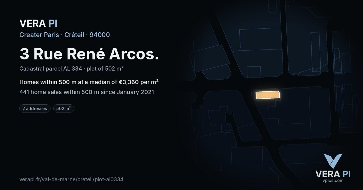 3 Rue René Arcos, Créteil at night – the plot lit, the parcels around coloured by the prices near them