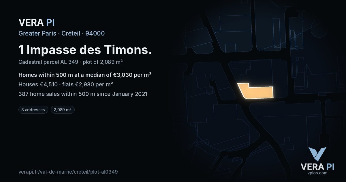 1 Impasse des Timons, Créteil at night – the plot lit, the parcels around coloured by the prices near them