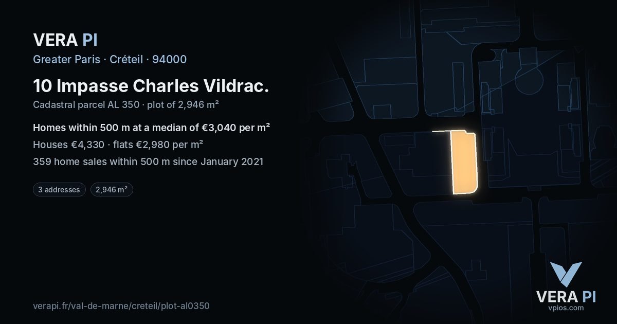 10 Impasse Charles Vildrac, Créteil at night – the plot lit, the parcels around coloured by the prices near them