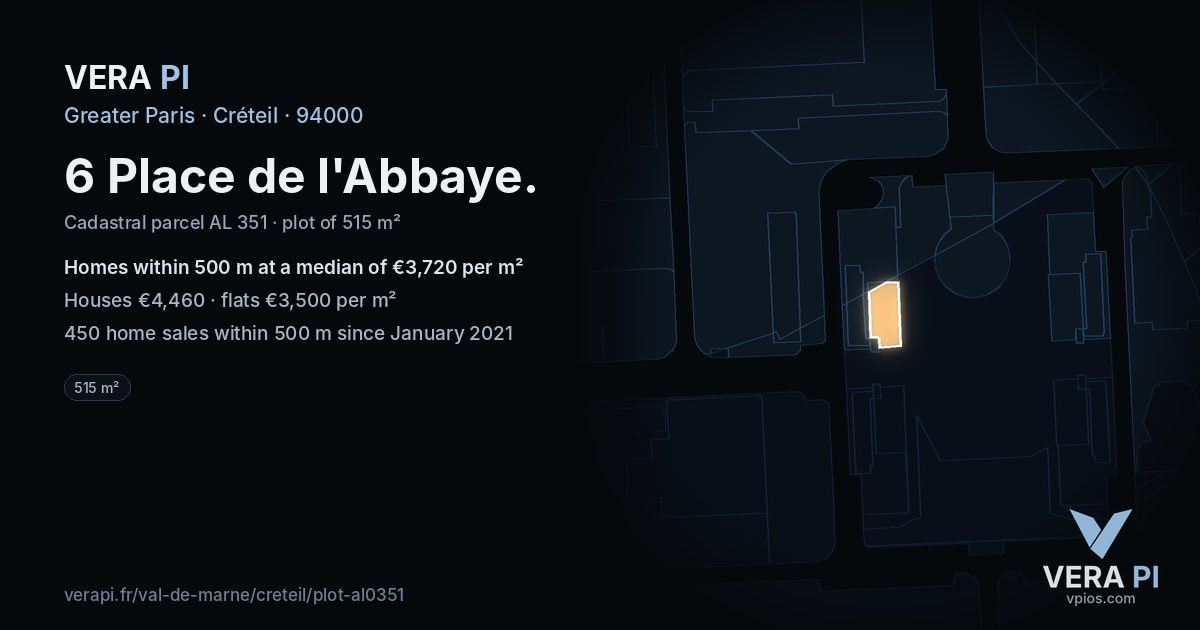 6 Place de l'Abbaye, Créteil at night – the plot lit, the parcels around coloured by the prices near them