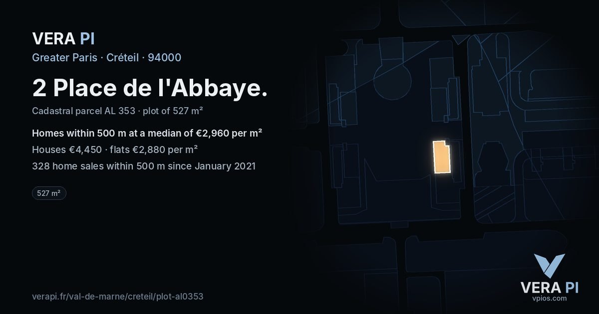 2 Place de l'Abbaye, Créteil at night – the plot lit, the parcels around coloured by the prices near them
