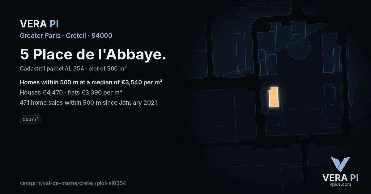 5 Place de l'Abbaye, Créteil at night – the plot lit, the parcels around coloured by the prices near them