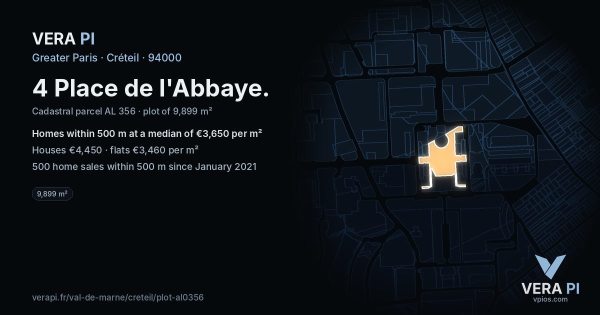 4 Place de l'Abbaye, Créteil at night – the plot lit, the parcels around coloured by the prices near them