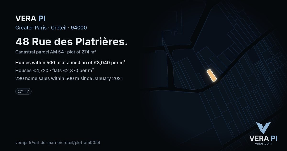 48 Rue des Platrières, Créteil at night – the plot lit, the parcels around coloured by the prices near them