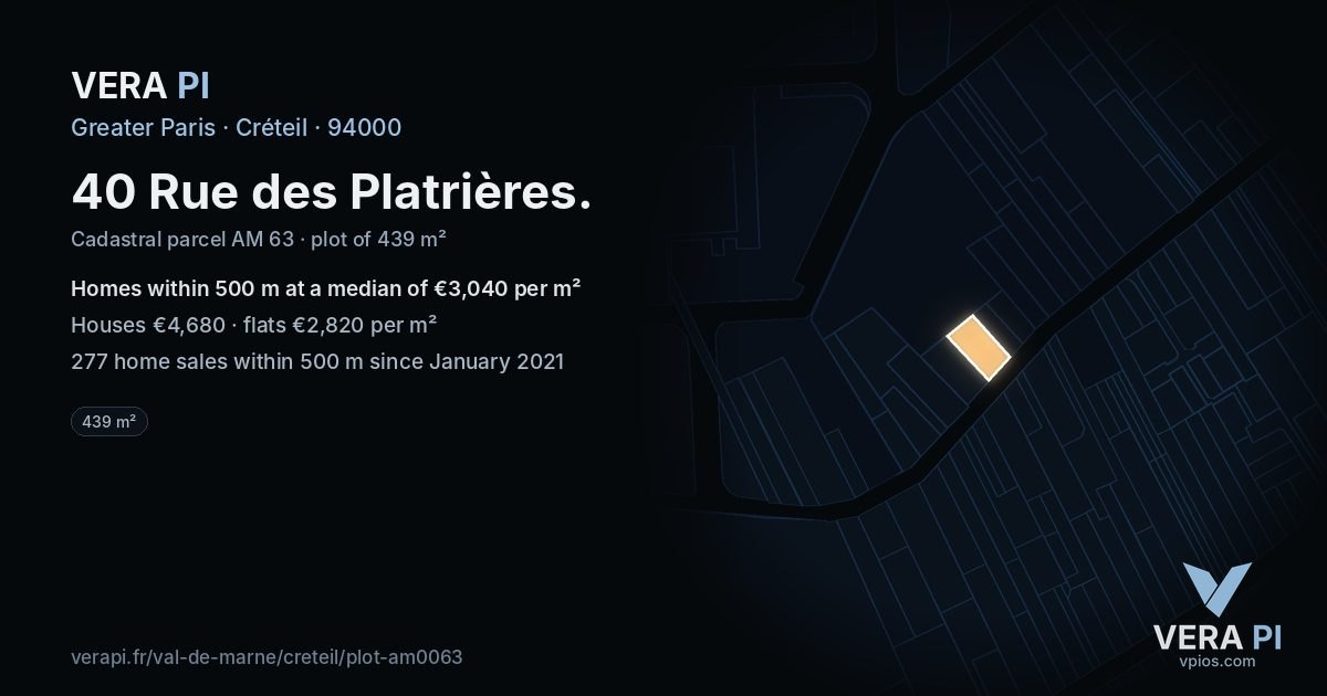 40 Rue des Platrières, Créteil at night – the plot lit, the parcels around coloured by the prices near them