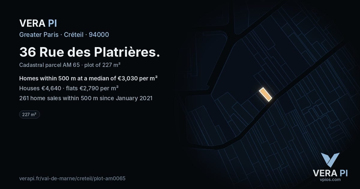 36 Rue des Platrières, Créteil at night – the plot lit, the parcels around coloured by the prices near them