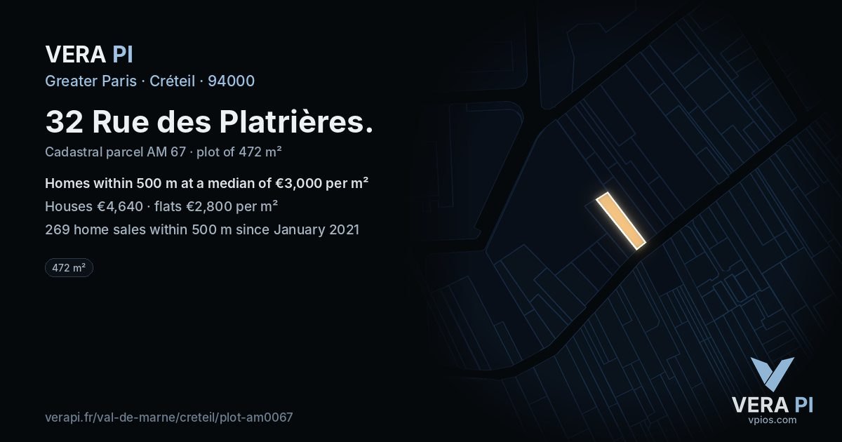 32 Rue des Platrières, Créteil at night – the plot lit, the parcels around coloured by the prices near them