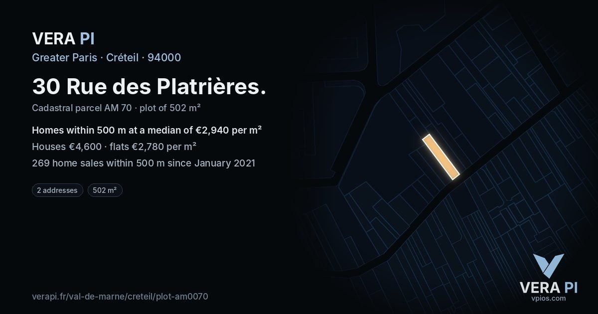 30 Rue des Platrières, Créteil at night – the plot lit, the parcels around coloured by the prices near them