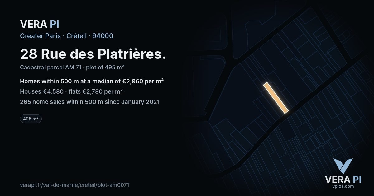 28 Rue des Platrières, Créteil at night – the plot lit, the parcels around coloured by the prices near them