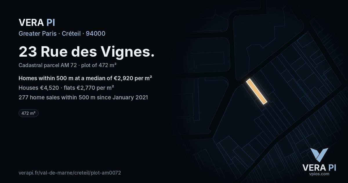 23 Rue des Vignes, Créteil at night – the plot lit, the parcels around coloured by the prices near them