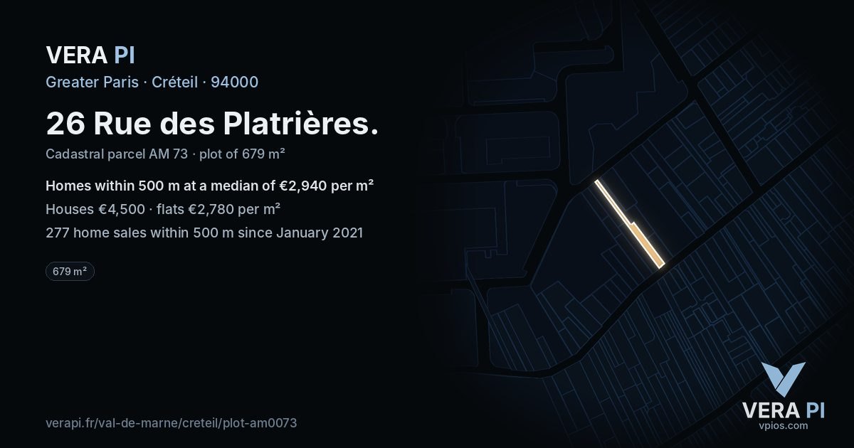26 Rue des Platrières, Créteil at night – the plot lit, the parcels around coloured by the prices near them