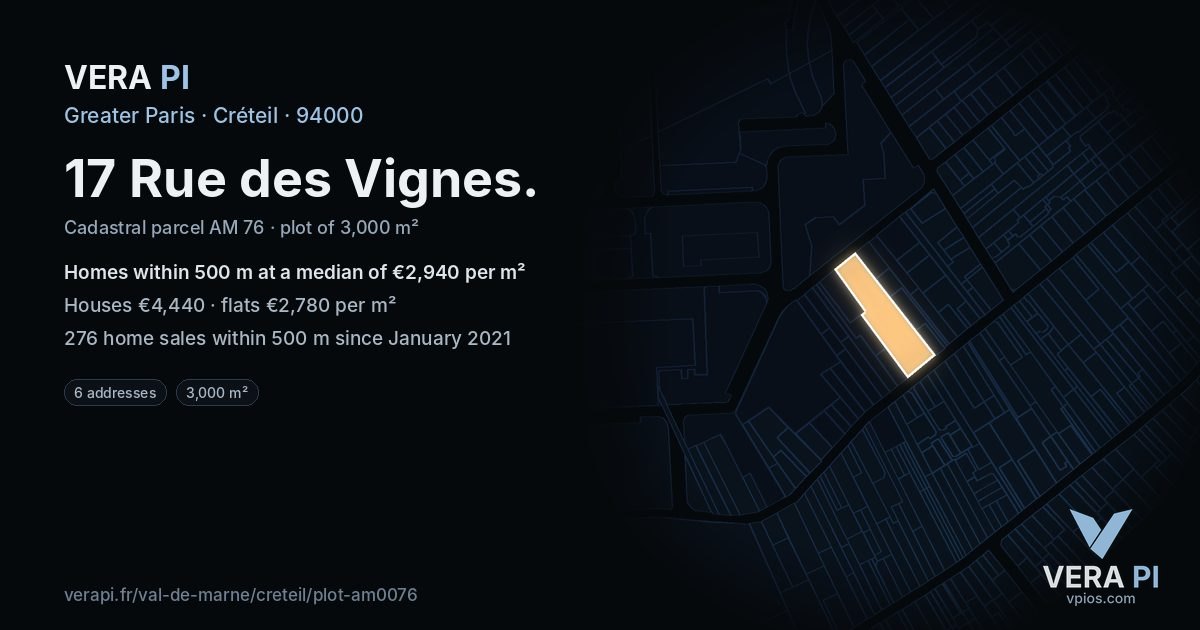 17 Rue des Vignes, Créteil at night – the plot lit, the parcels around coloured by the prices near them
