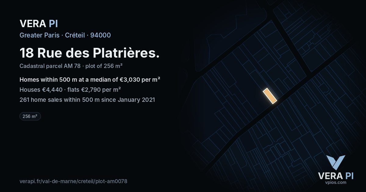 18 Rue des Platrières, Créteil at night – the plot lit, the parcels around coloured by the prices near them