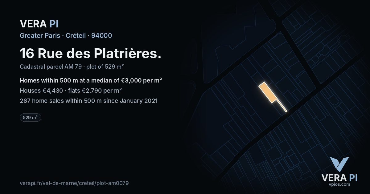 16 Rue des Platrières, Créteil at night – the plot lit, the parcels around coloured by the prices near them