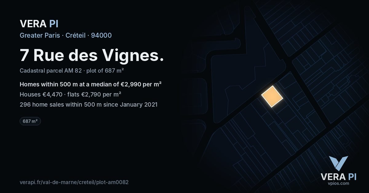 7 Rue des Vignes, Créteil at night – the plot lit, the parcels around coloured by the prices near them