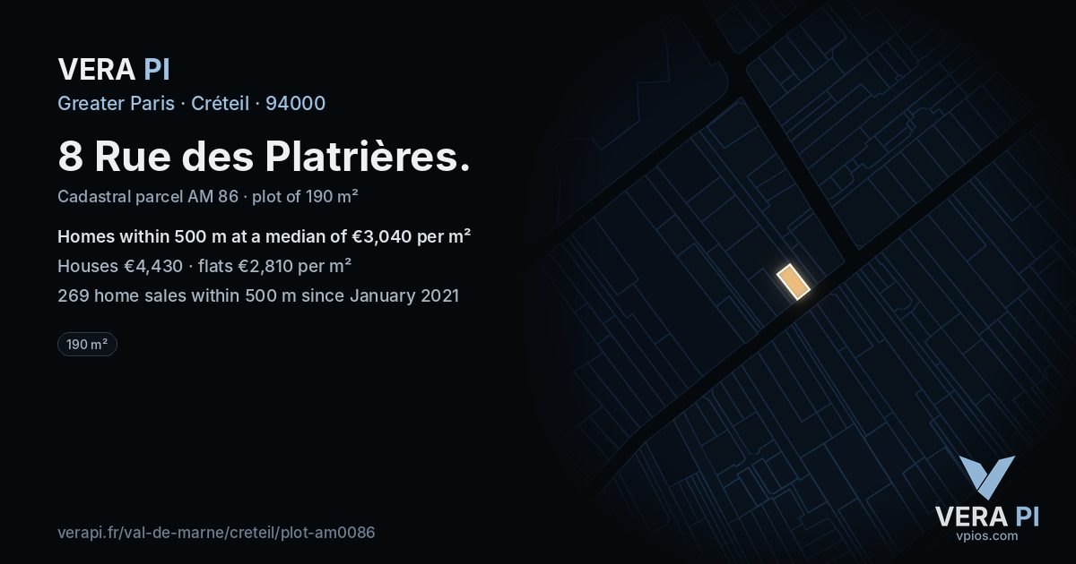 8 Rue des Platrières, Créteil at night – the plot lit, the parcels around coloured by the prices near them