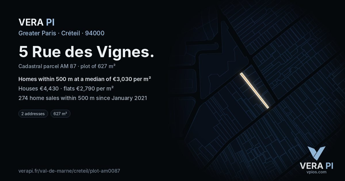 5 Rue des Vignes, Créteil at night – the plot lit, the parcels around coloured by the prices near them