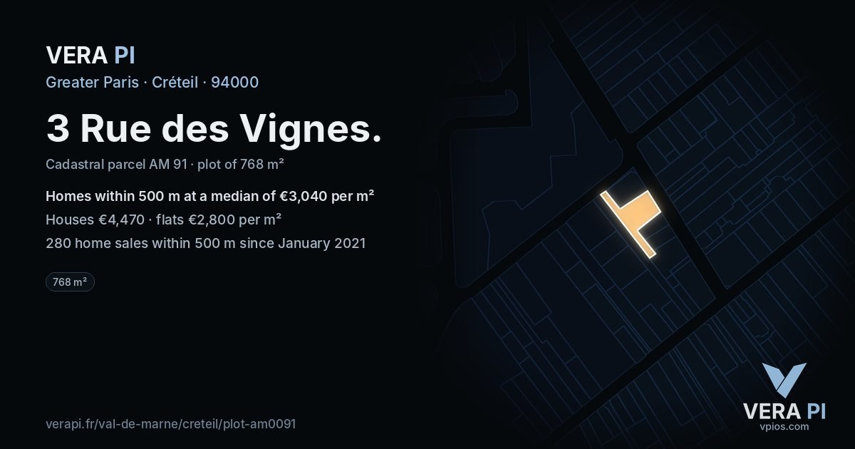 3 Rue des Vignes, Créteil at night – the plot lit, the parcels around coloured by the prices near them