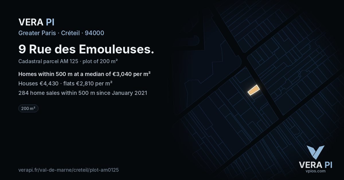 9 Rue des Emouleuses, Créteil at night – the plot lit, the parcels around coloured by the prices near them