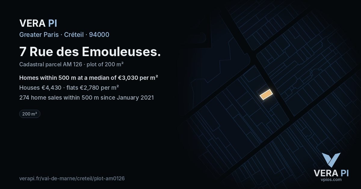 7 Rue des Emouleuses, Créteil at night – the plot lit, the parcels around coloured by the prices near them