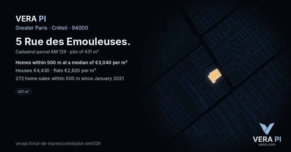 5 Rue des Emouleuses, Créteil at night – the plot lit, the parcels around coloured by the prices near them