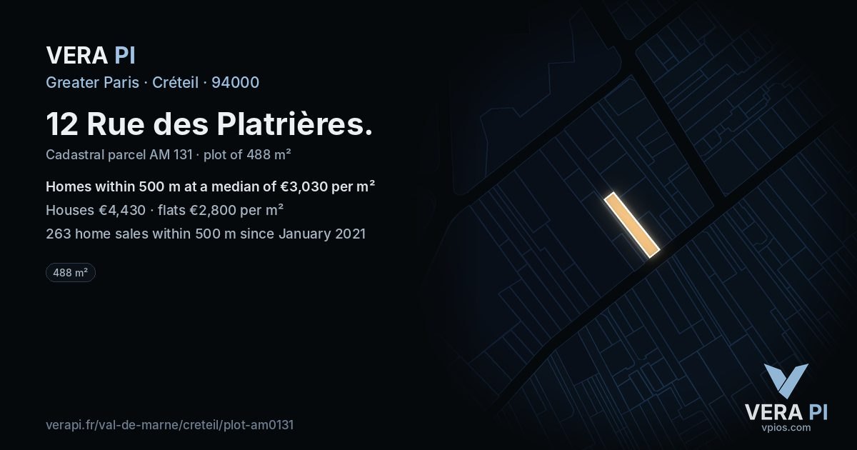 12 Rue des Platrières, Créteil at night – the plot lit, the parcels around coloured by the prices near them