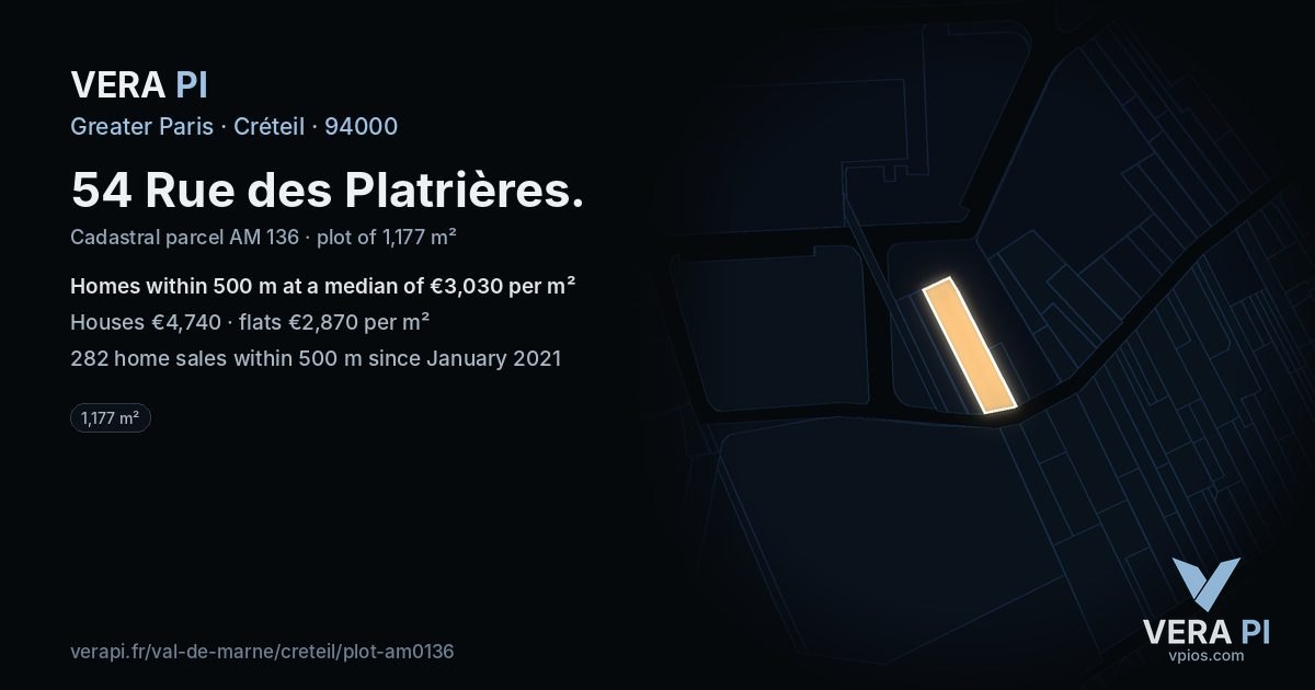 54 Rue des Platrières, Créteil at night – the plot lit, the parcels around coloured by the prices near them