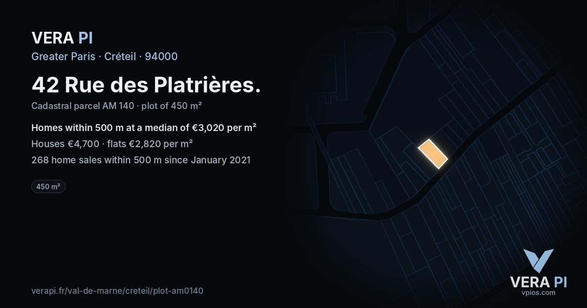 42 Rue des Platrières, Créteil at night – the plot lit, the parcels around coloured by the prices near them