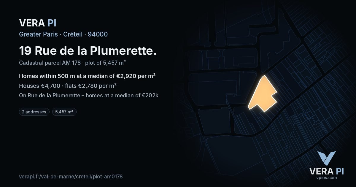 19 Rue de la Plumerette, Créteil at night – the plot lit, the parcels around coloured by the prices near them