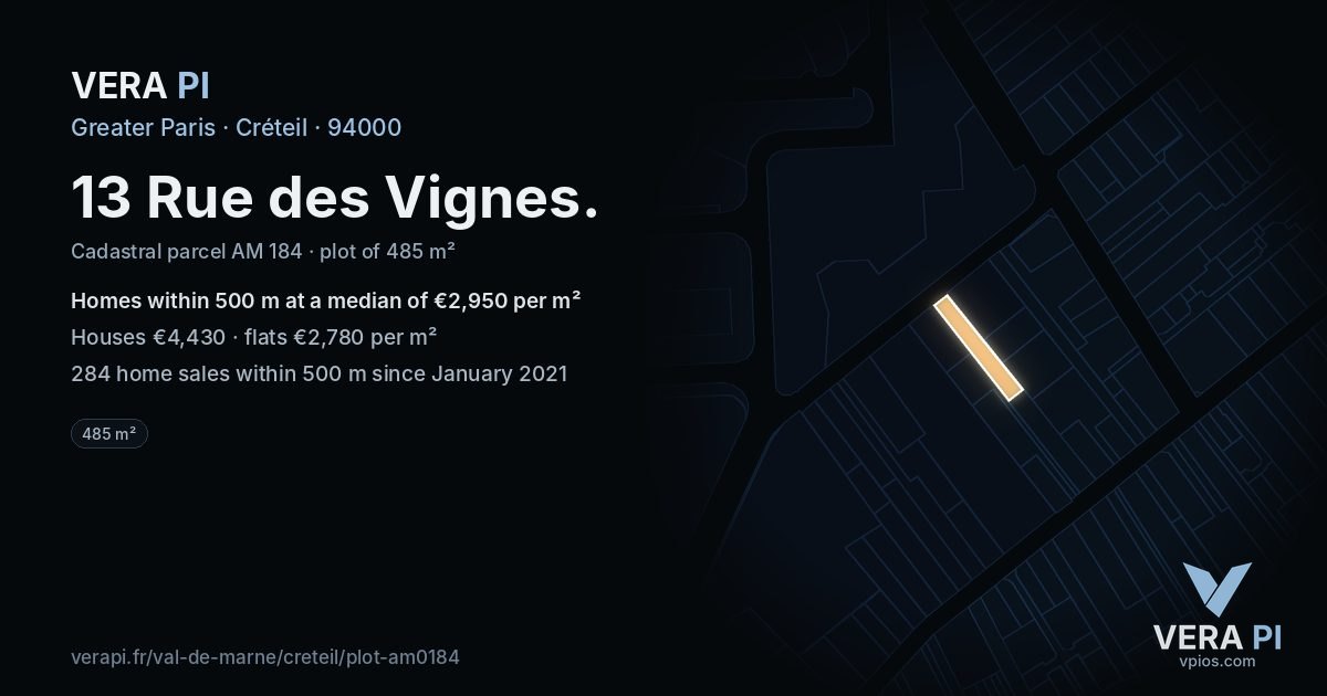 13 Rue des Vignes, Créteil at night – the plot lit, the parcels around coloured by the prices near them