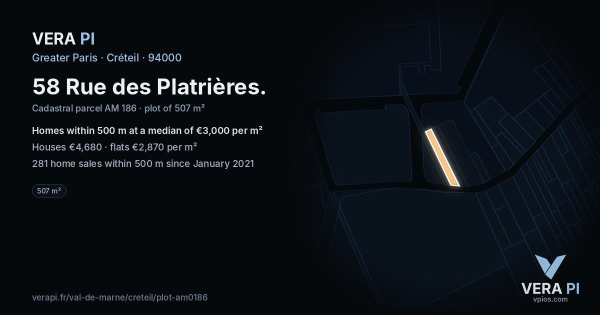 58 Rue des Platrières, Créteil at night – the plot lit, the parcels around coloured by the prices near them