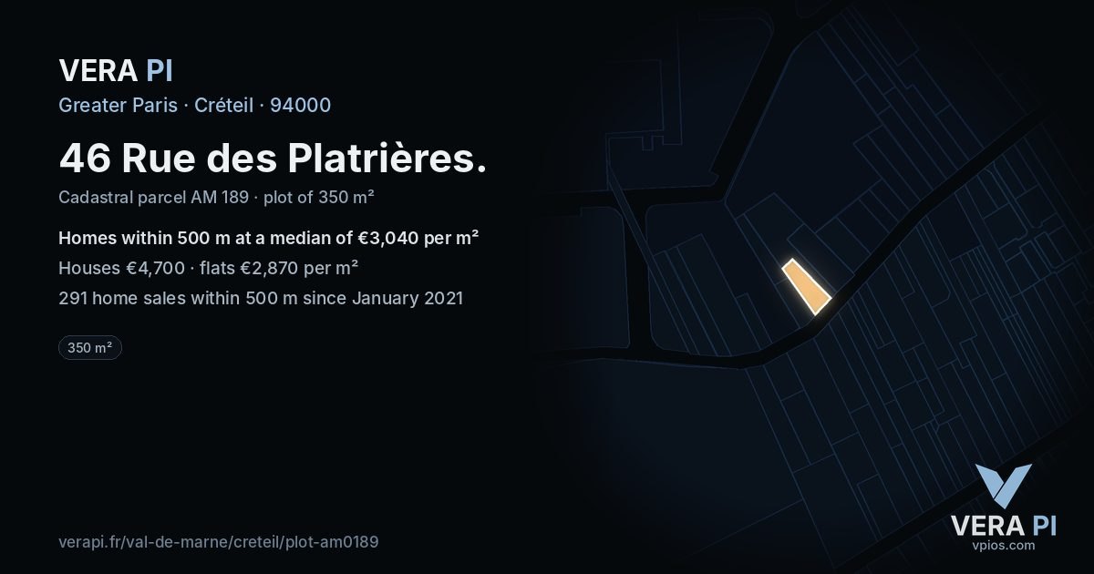46 Rue des Platrières, Créteil at night – the plot lit, the parcels around coloured by the prices near them