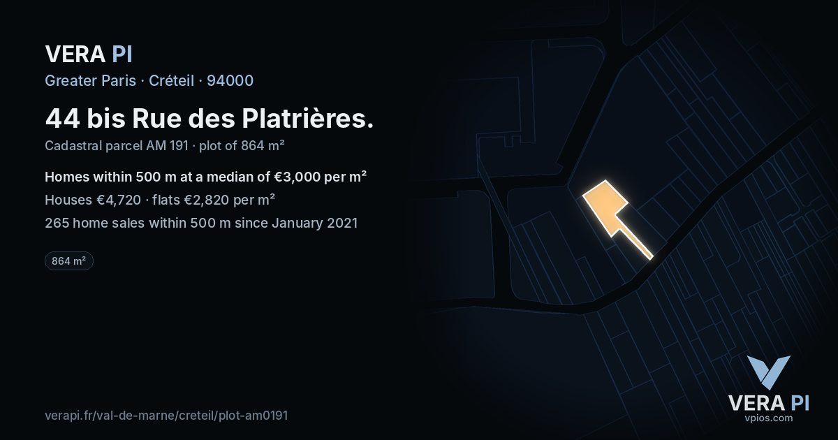 44 bis Rue des Platrières, Créteil at night – the plot lit, the parcels around coloured by the prices near them