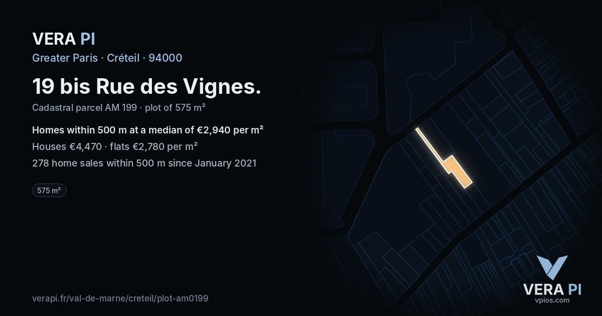 19 bis Rue des Vignes, Créteil at night – the plot lit, the parcels around coloured by the prices near them