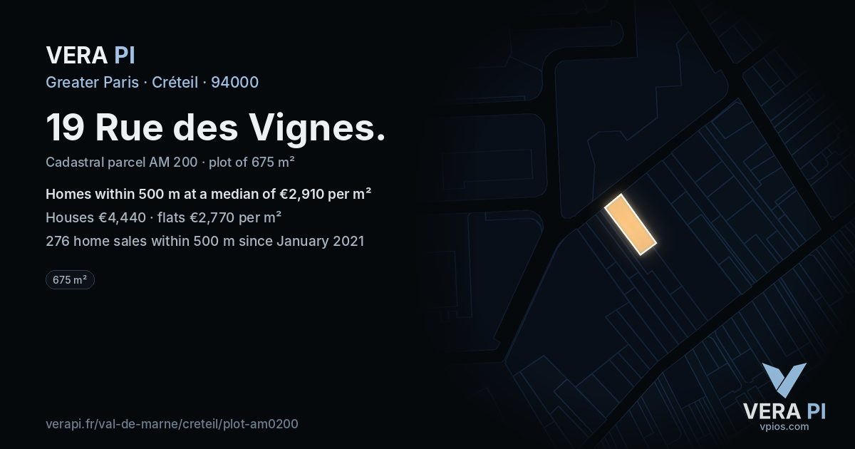 19 Rue des Vignes, Créteil at night – the plot lit, the parcels around coloured by the prices near them