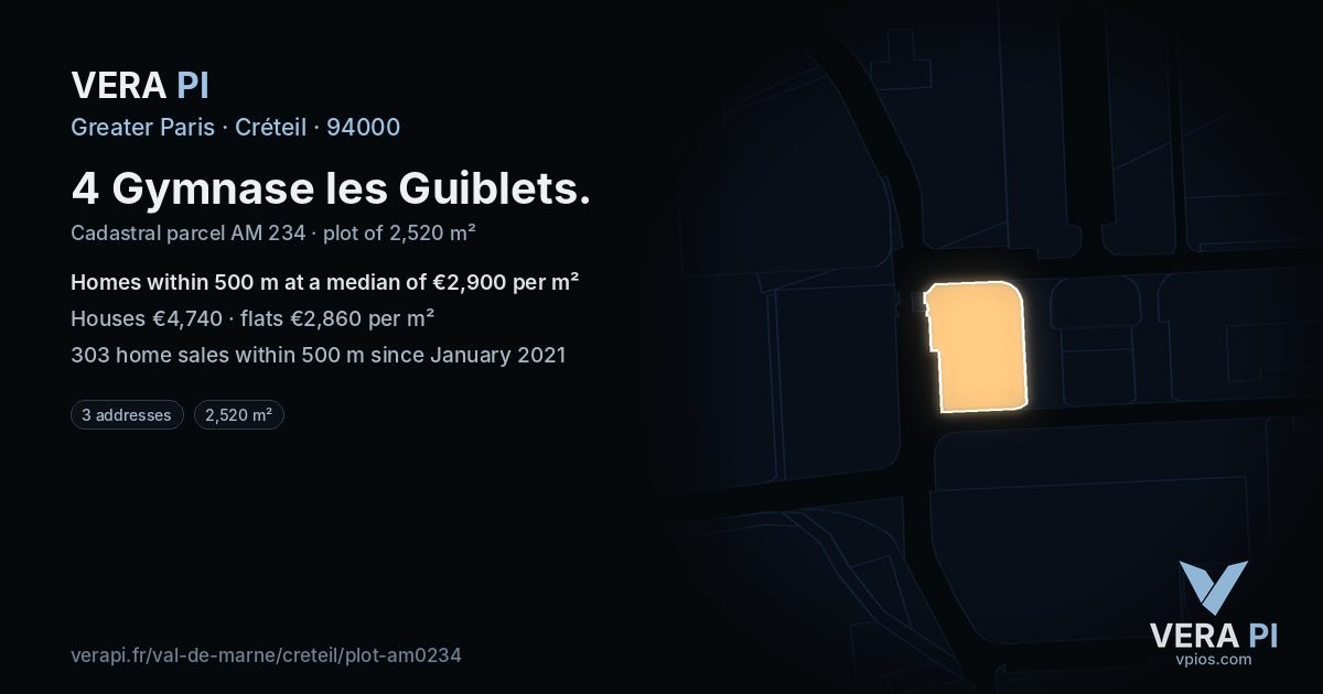4 Gymnase les Guiblets, Créteil at night – the plot lit, the parcels around coloured by the prices near them
