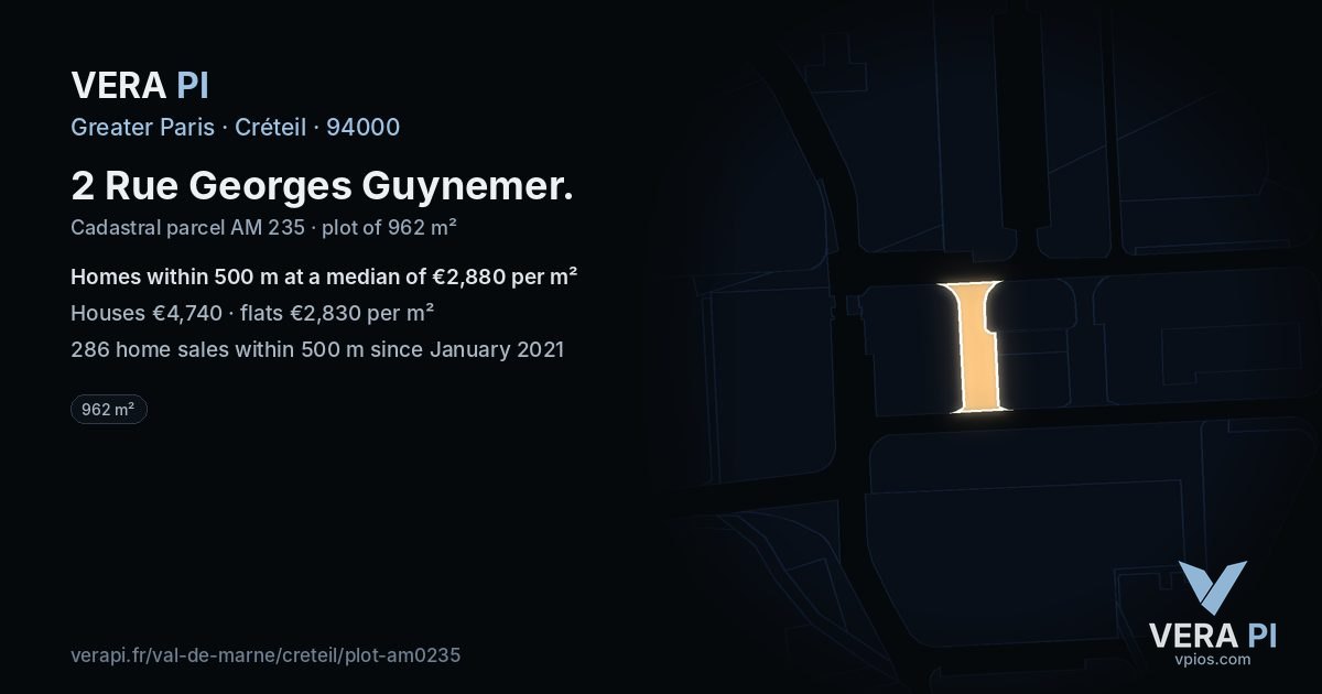 2 Rue Georges Guynemer, Créteil at night – the plot lit, the parcels around coloured by the prices near them
