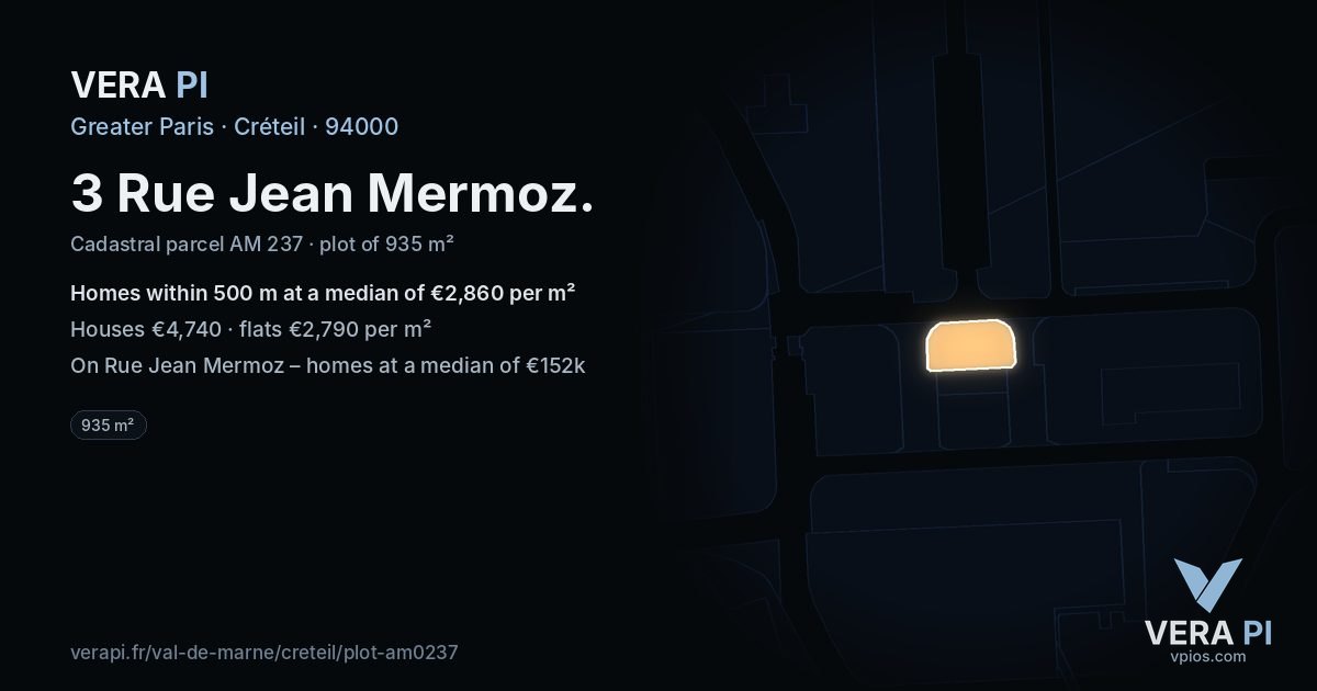 3 Rue Jean Mermoz, Créteil at night – the plot lit, the parcels around coloured by the prices near them