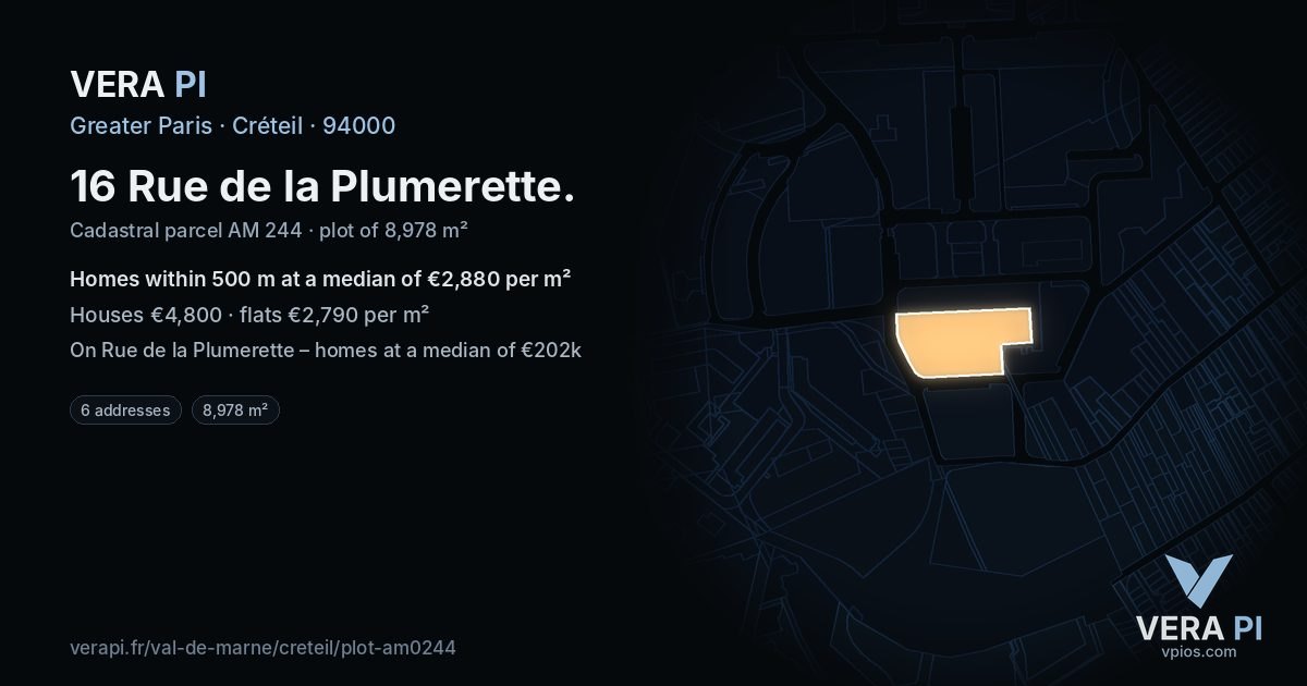16 Rue de la Plumerette, Créteil at night – the plot lit, the parcels around coloured by the prices near them