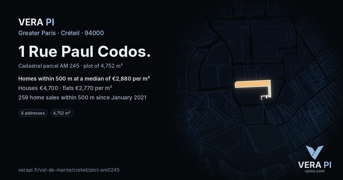 1 Rue Paul Codos, Créteil at night – the plot lit, the parcels around coloured by the prices near them