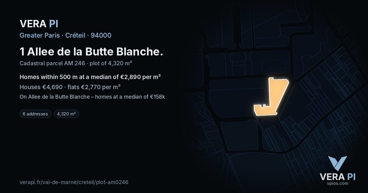 1 Allee de la Butte Blanche, Créteil at night – the plot lit, the parcels around coloured by the prices near them