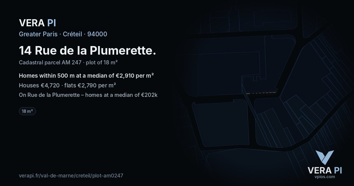 14 Rue de la Plumerette, Créteil at night – the plot lit, the parcels around coloured by the prices near them